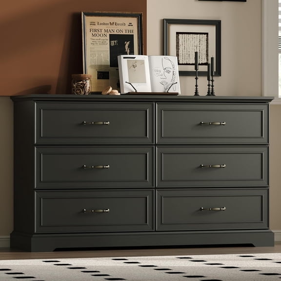 FANRAL 6 Drawers Dresser for Bedroom,Wood Rustic Storage Cabinet Chest of Drawers,Farmhouse Large Drawers with Metal Handles,Black Dresser(Plus)