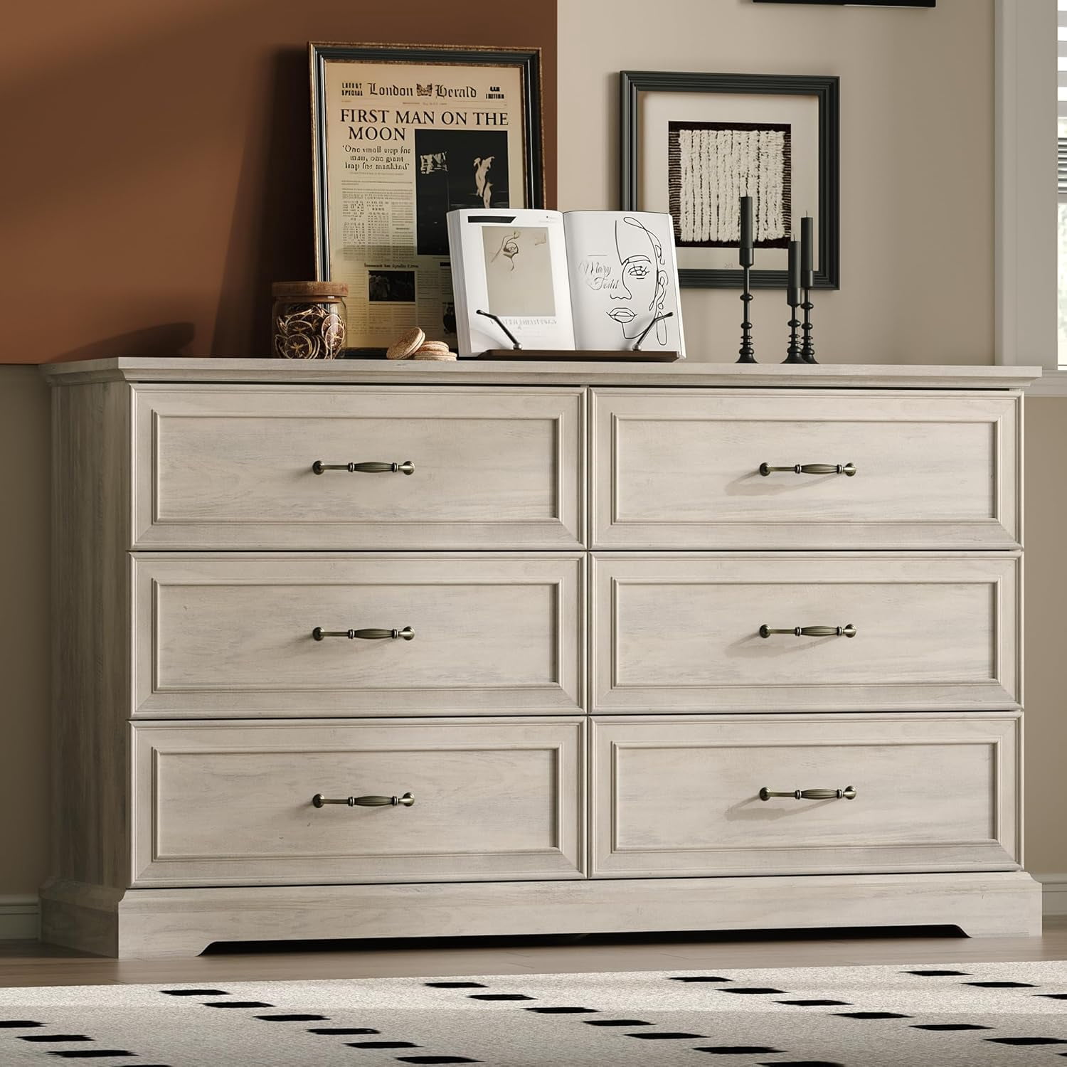 FANRAL 6 Drawers Dresser for Bedroom,Wood Rustic Storage Cabinet Chest of Drawers,Farmhouse Large Drawers with Metal Handles,Light Gray Dresser(Plus)