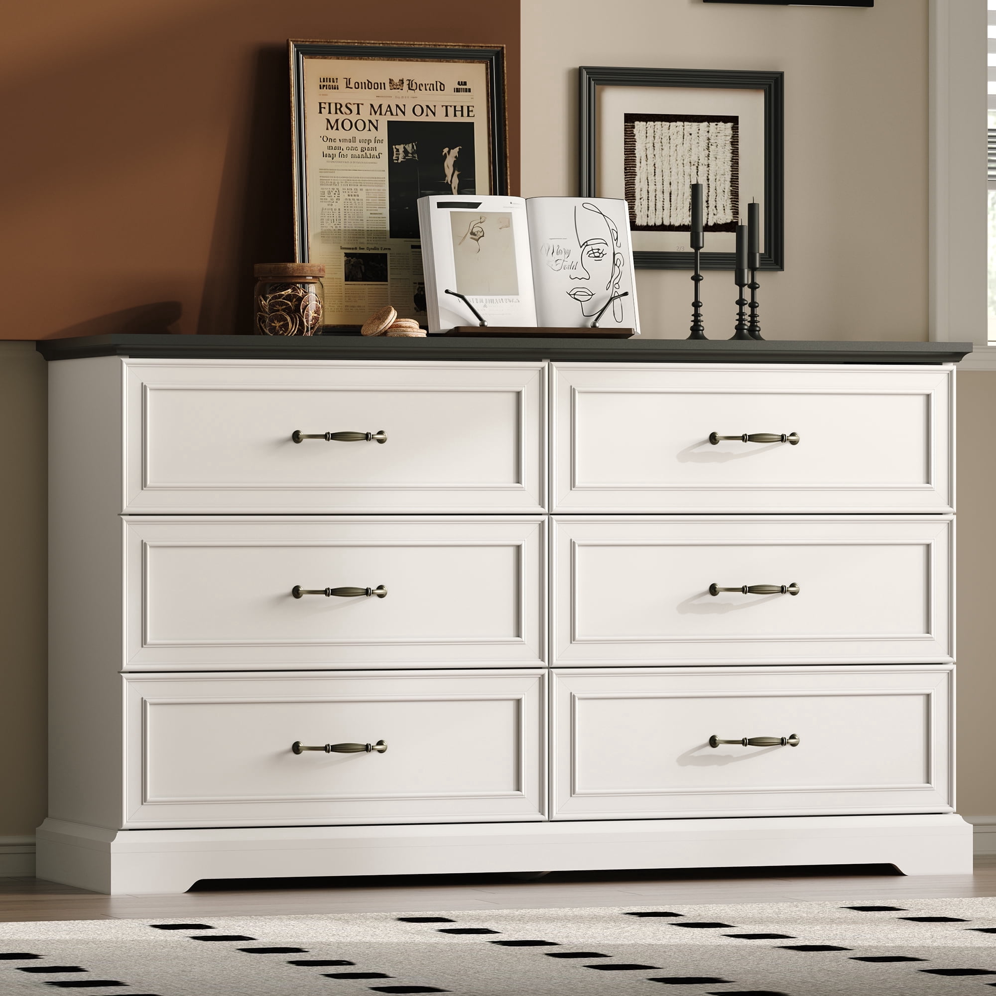 FANRAL 6 Drawers Dresser for Bedroom,Wood Rustic Storage Cabinet Chest of Drawers,Farmhouse Large Drawers with Metal Handles,White Dresser(Plus)