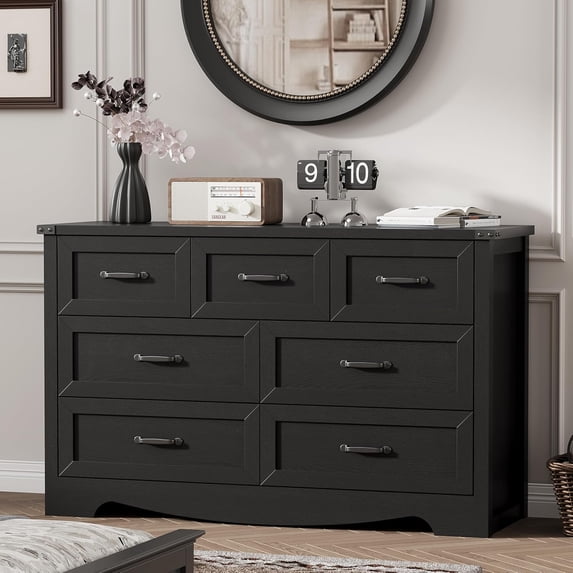 FANRAL 7 Drawers Dresser for Bedroom,Modern Wooden Chest of Drawers,Storage Organizer Dresser for Closet,Black Dresser