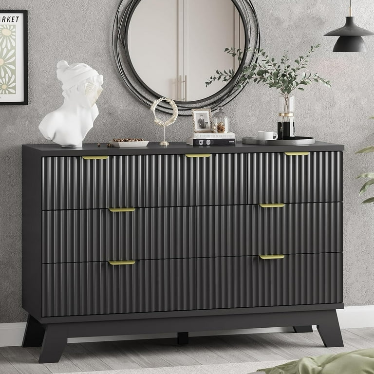 black contemporary dresser FANRAL 7 Drawers Dresser Fluted Dresser for Bedroom,Wooden Chest of Drawers Modern  Dresser for Closet,Black Dresser