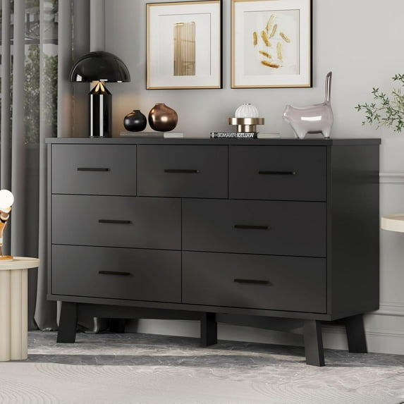 FANRAL 7 Drawer Dresser for Bedroom,Wood Modern Chest of Drawers with X-Shaped Sturdy Base,Black Dresser