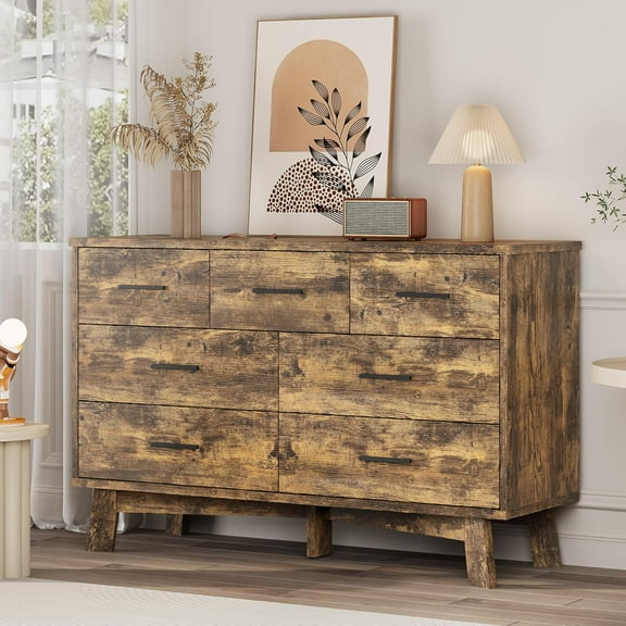 FANRAL 7 Drawer Dresser for Bedroom,Wood Modern Chest of Drawers with X-Shaped Sturdy Base,Brown Dresser