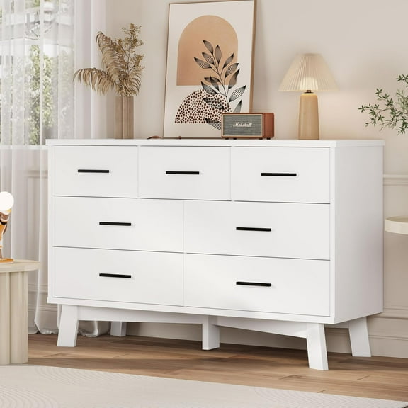 FANRAL 7 Drawer Dresser for Bedroom,Wood Modern Chest of Drawers with X-Shaped Sturdy Base,White Dresser