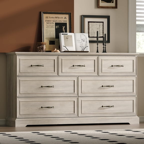 FANRAL 7 Drawers Dresser for Bedroom,Wood Rustic Storage Cabinet Chest of Drawers,Farmhouse Large Drawers with Metal Handles,Light Gray Dresser(Plus)