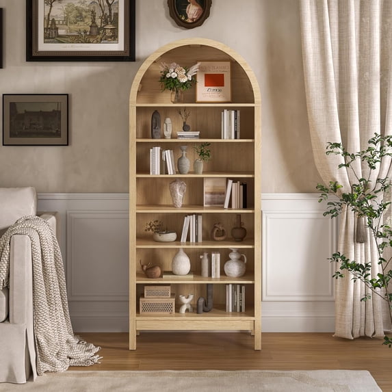 FANRAL 7 Tier Arched Bookshelf with 3 Adjustable Shelves, Modern Farmhouse Tall Storage Shelf for Living Room Entryway Office ,Natural Oak Bookcase