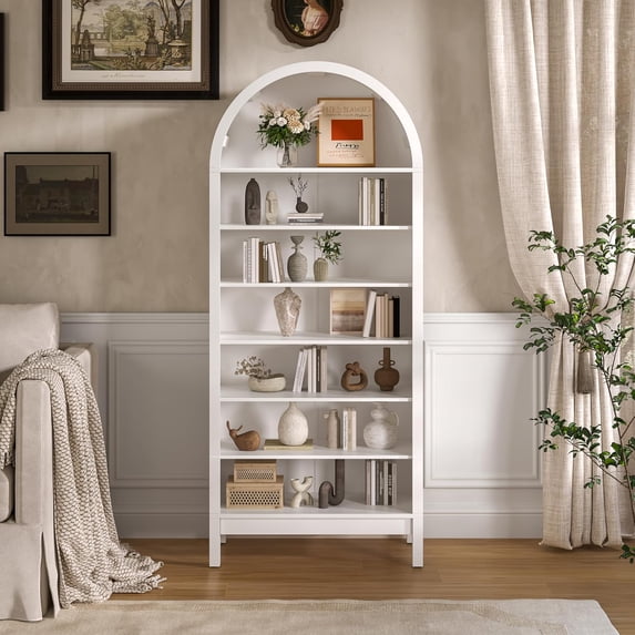 FANRAL 7 Tier Arched Bookshelf with 3 Adjustable Shelves, Modern Farmhouse Tall Storage Shelf for Living Room Entryway Office ,White Bookcase