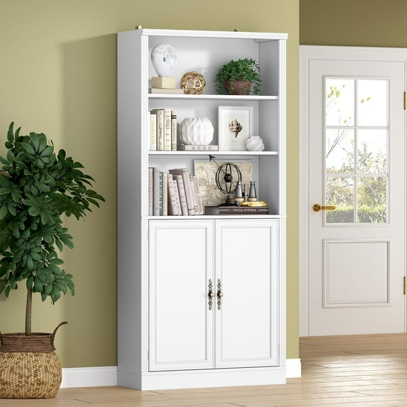FANRAL 70.1" Tall Bookshelf with Enclosed Cabinet, 5-Tier Freestanding Storage Organizer with Adjustable Shelves and Metal Hardware, Modern Display for Home Office Living Room,White Bookcase