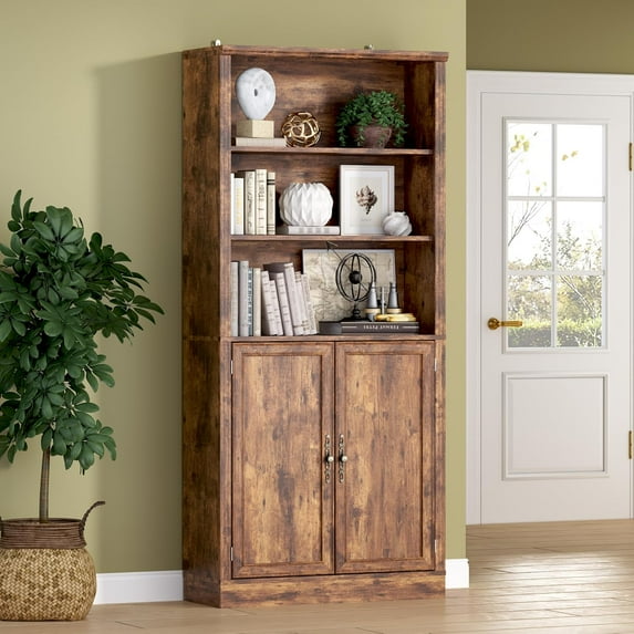 FANRAL 70.1" Tall Bookshelf with Enclosed Cabinet, 5-Tier Freestanding Storage Organizer with Adjustable Shelves and Metal Hardware, Modern Display for Home Office Living Room,Brown Bookcase
