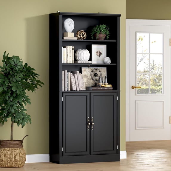 FANRAL 70.1" Tall Bookshelf with Enclosed Cabinet, 5-Tier Freestanding Storage Organizer with Adjustable Shelves and Metal Hardware, Modern Display for Home Office Living Room,Black Bookcase