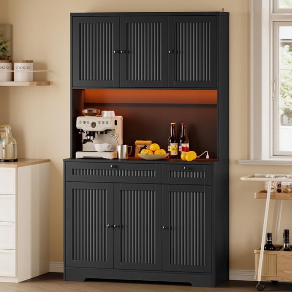 FANRAL 70” Tall Pantry Cabinet with Charging Station & LED Light,Wide Fluted Kitchen Hutch with Microwave Stand,Drawers & Adjustable Shelves for Dining Room Kitchen,Black Pantry Cabinet