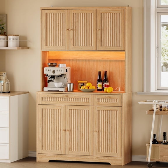 FANRAL 70” Tall Pantry Cabinet with Charging Station & LED Light,Wide Fluted Kitchen Hutch with Microwave Stand,Drawers & Adjustable Shelves for Dining Room Kitchen,Natural Oak Pantry Cabinet