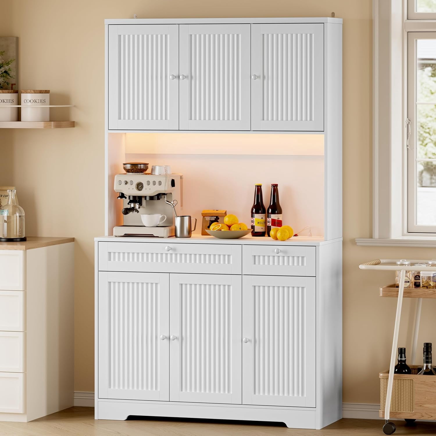 FANRAL 70” Tall Pantry Cabinet with Charging Station & LED Light,Wide Fluted Kitchen Hutch with Microwave Stand,Drawers & Adjustable Shelves for Dining Room Kitchen,White Pantry Cabinet