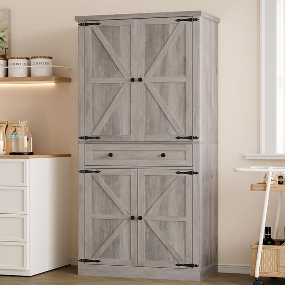 FANRAL 70” Tall Pantry Organizers and Storage Cabinet with Barn Doors & Drawers,Adjustable Shelf,Tall Pantry for Kitchen Dining Room Living Room Bedroom,Gray Pantry Cabinet