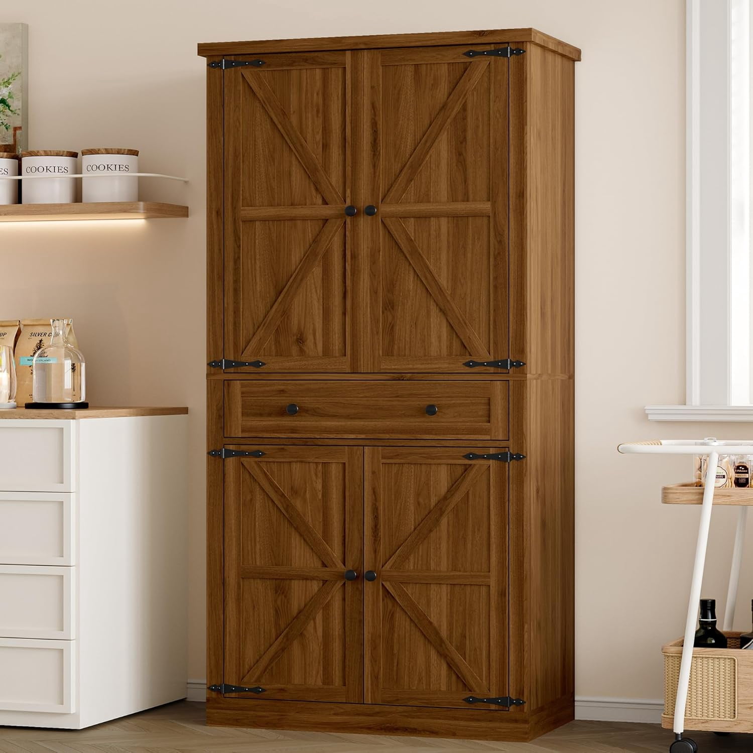 FANRAL 70” Tall Pantry Organizers and Storage Cabinet with Barn Doors & Drawers,Adjustable Shelf,Tall Pantry for Kitchen Dining Room Living Room Bedroom,Walnut Pantry Cabinet
