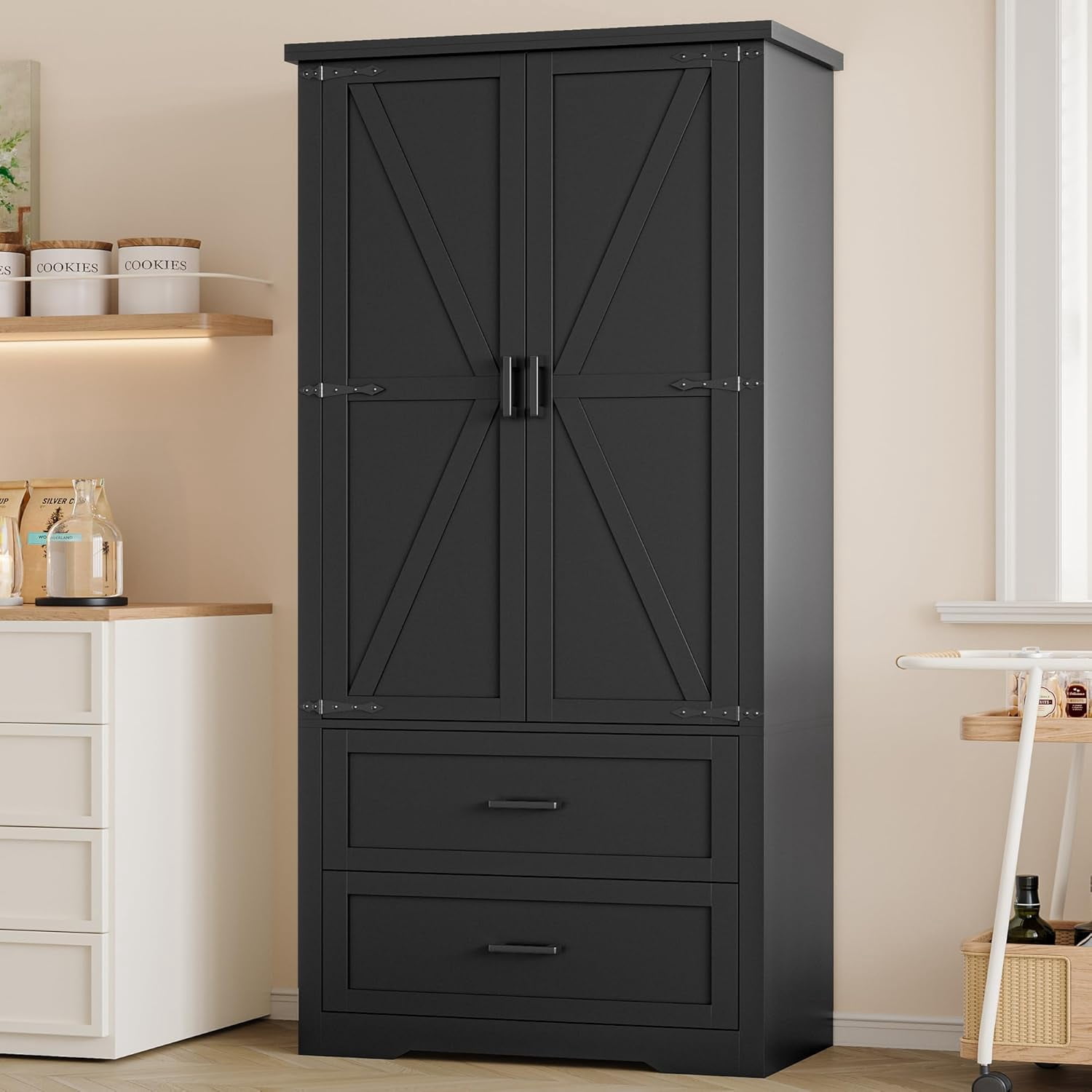 FANRAL 71” Tall Pantry Organizers and Storage Cabinet with Barn Doors & Drawers,Adjustable Shelf for Kitchen Dining Room Living Room Bathroom Office,Black Pantry Cabinet