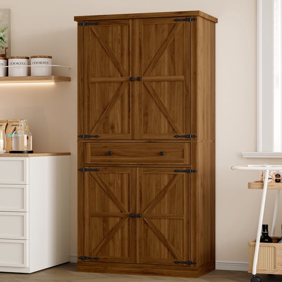 FANRAL 71” Tall Pantry Organizers and Storage Cabinet with Barn Doors & Drawers,Adjustable Shelf for Kitchen Dining Room Living Room Bathroom Office,Walnut Pantry Cabinet