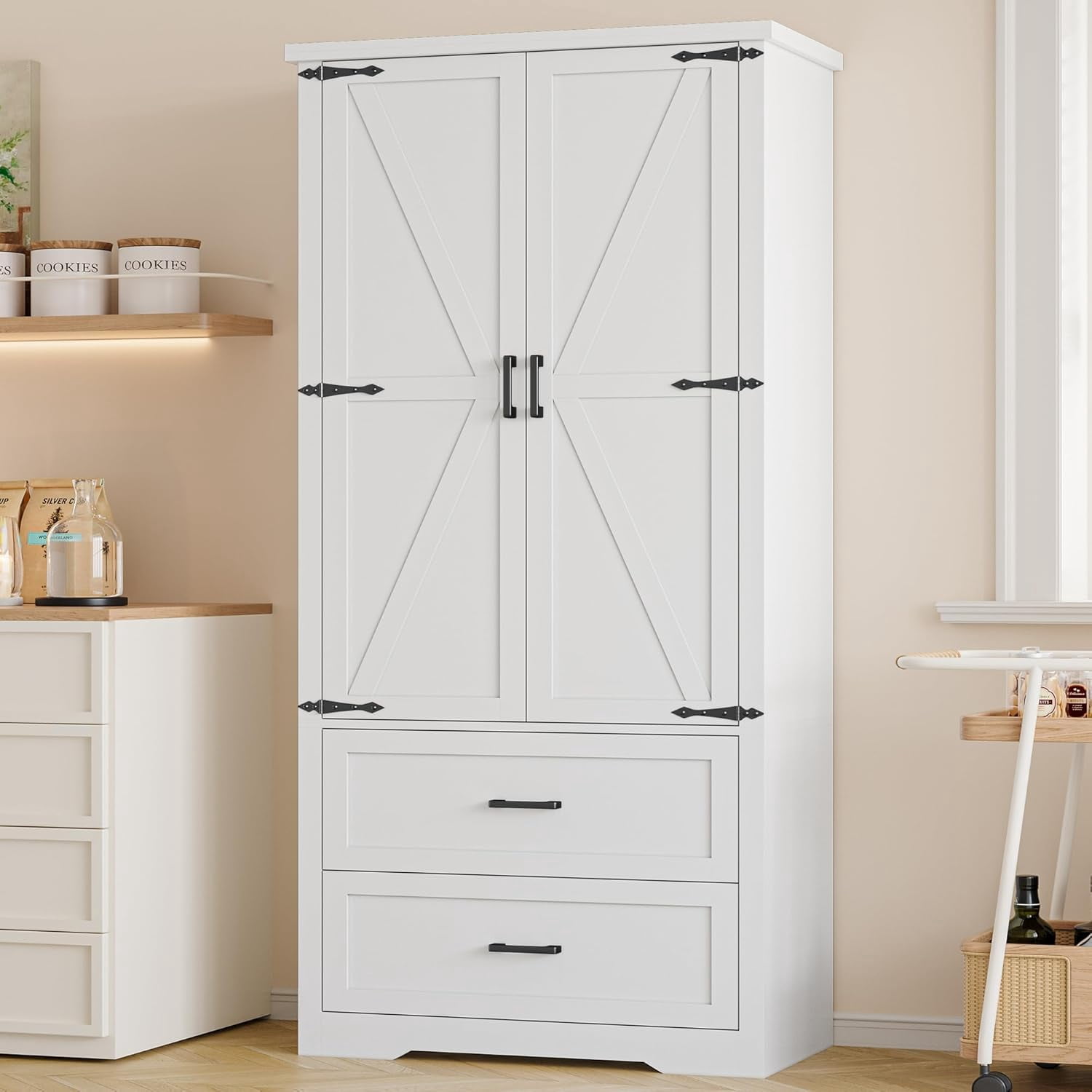 FANRAL 71” Tall Pantry Organizers and Storage Cabinet with Barn Doors & Drawers,Adjustable Shelf for Kitchen Dining Room Living Room Bathroom Office,White Pantry Cabinet