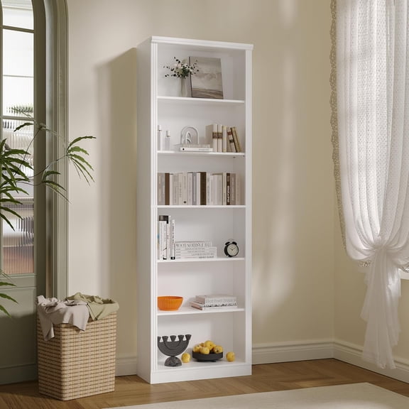 FANRAL 75" Open Bookshelf, 24" Wide 6 Tier Storage Organizer with Adjustable Shelving, Freestanding Anti-Tipping Display Shelf for Home Office Study,White Bookcase