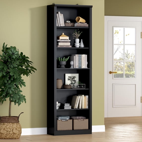 FANRAL 75" Tall Bookshelf with 6 Tier,2 Adjustable Shelving, Vertical Narrow Storage Organizer, Freestanding Display Shelf for Home Living Room Bedroom Office,Black Bookcase