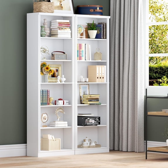 FANRAL 75" Vertical Bookshelf, 6 Tier Freestanding Storage Organizer with Adjustable Shelving, Anti-Tipping Tall Display Shelves for Home and Office,Set of 2 ,White Bookcase