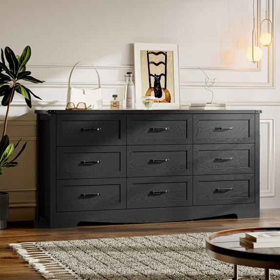FANRAL 9 Drawer Dresser for Bedroom,Modern Wooden Chest of Drawers,Large Dresser for closet,Black Dresser