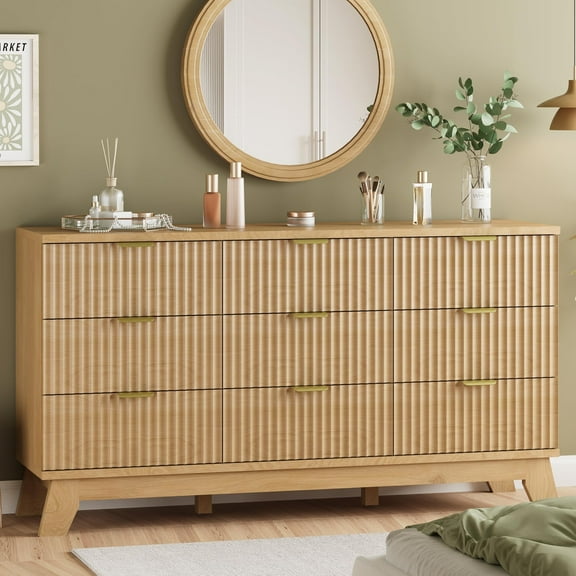 FANRAL 9 Drawer Dresser Fluted Dresser for Bedroom,Wooden Chest Of Drawers Modern Dresser for Closet,Natural Oak Dresser