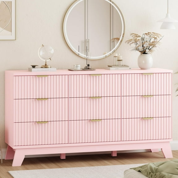 FANRAL 9 Drawer Dresser Fluted Dresser for Bedroom,Wooden Chest Of Drawers Modern Dresser for Closet,Pink Dresser