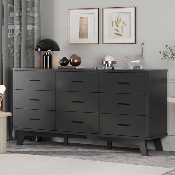 FANRAL 9 Drawer Dresser for Bedroom,Wood Modern Chest of Drawers with X-Shaped Sturdy Base,Black Dresser