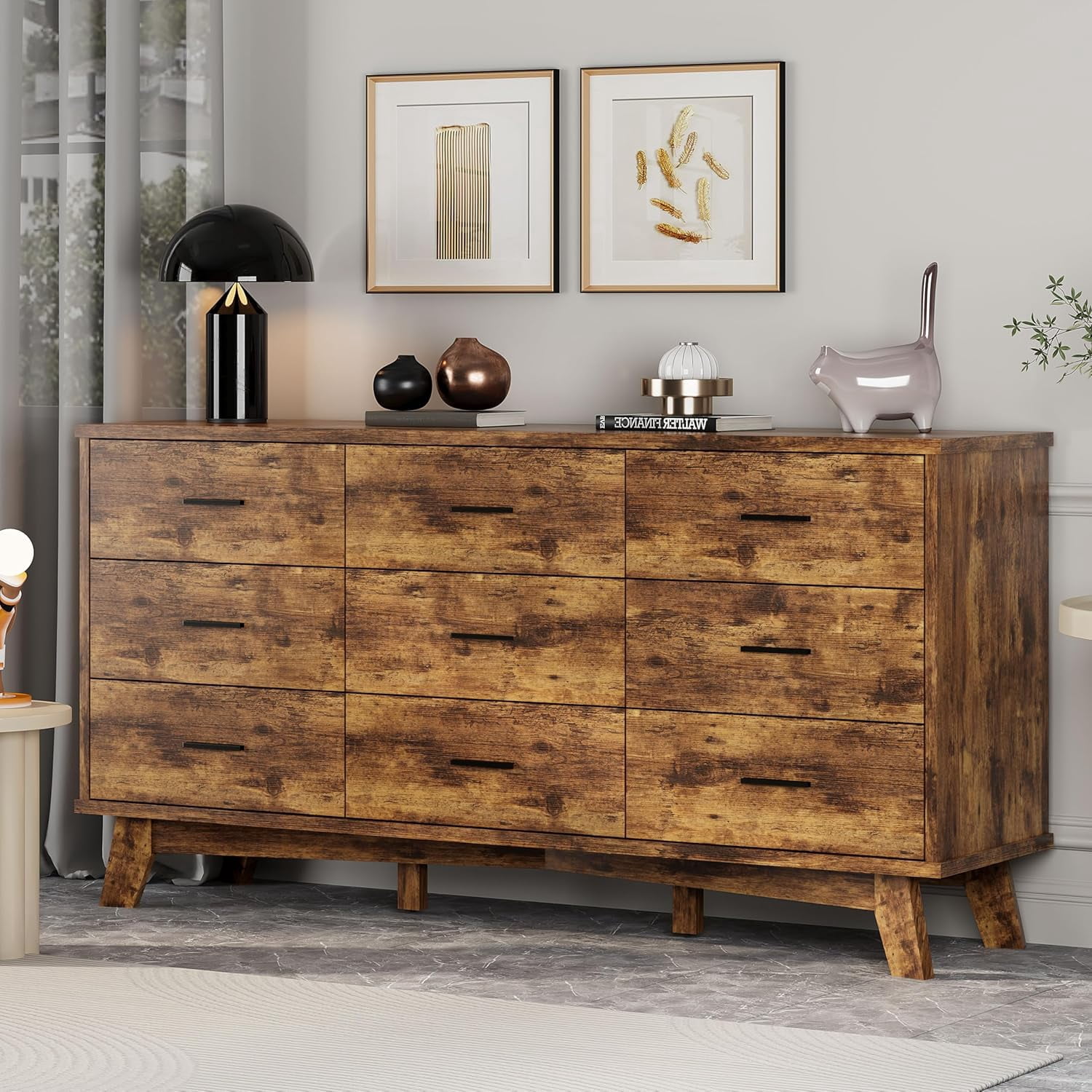 FANRAL 9 Drawers Dresser for Bedroom,Wood Modern Chest of Drawers with  X-Shaped Sturdy Base,Brown Dresser