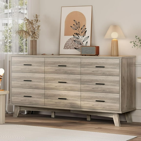 FANRAL 9 Drawer Dresser for Bedroom,Wood Modern Chest of Drawers with X-Shaped Sturdy Base,Gray Dresser
