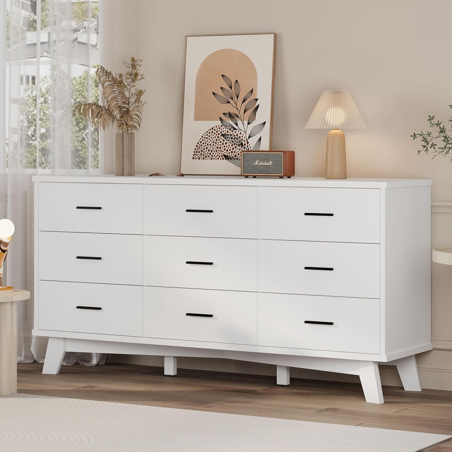 FANRAL 9 Drawer Dresser for Bedroom,Wood Modern Chest of Drawers with  X-Shaped Sturdy Base,White Dresser