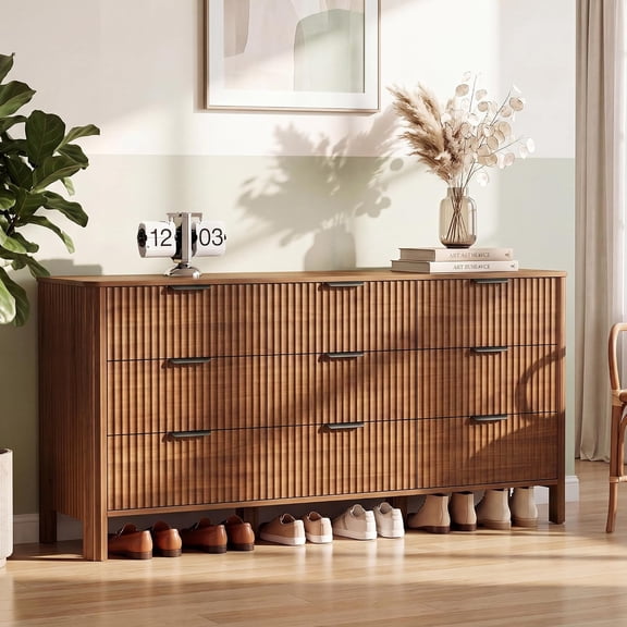 FANRAL 9 Drawer Large Dresser, Modern Fluted Chest of Drawers with Sturdy Legs, Wide Long Storage Dresser for Bedroom,Walnut Dresser