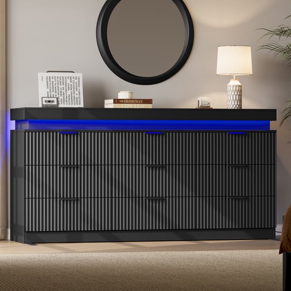 FANRAL 9 Drawer Large Dresser with LED Lights,Modern Fluted Extra Wide Chest of Drawers with Floating LED Base,Black Dresser for Bedroom