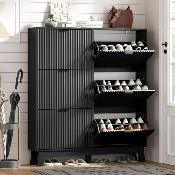 FANRAL Black Shoe Cabinet Entryway with 6 Flip Drawers,Narrow Shoe Storage Hidden Shoe Rack,Fluted Wood Shoe Organizer for Entryway