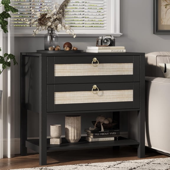 FANRAL Boho Chic 2 Drawer Nightstand with Rattan Accents,Stylish Storage Bedside Table with Shelf & Gold Handles,Black Night Stand