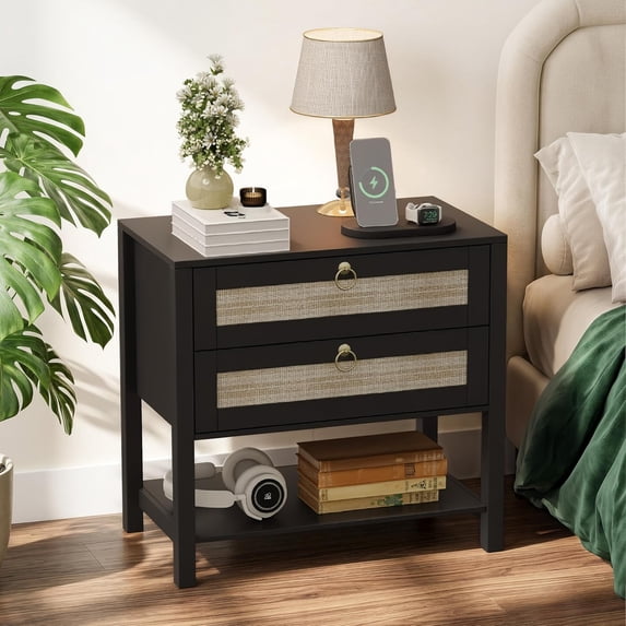 FANRAL Boho Chic 2 Drawer Nightstand with Rattan Accents,Stylish Storage Bedside Table with Shelf & Gold Handles,Black Night Stand