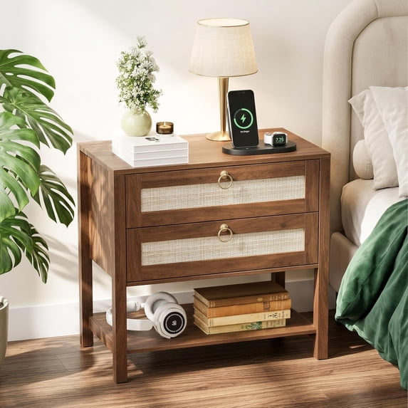 FANRAL Boho Chic 2 Drawer Nightstand with Rattan Accents,Stylish Storage Bedside Table with Shelf & Gold Handles,Walnut Night Stand