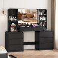 thumbnail image 1 of FANRAL Curved Wood Vanity with LED Frame Mirror,Built-in Power Outlet & 8 Drawers,Open Shelves Dressing Table with Large Storage for Bedroom,Black Vanity, 1 of 9