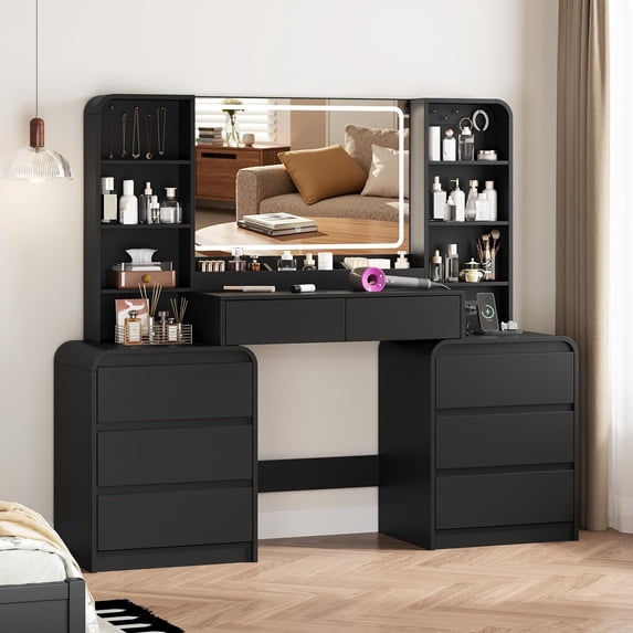 FANRAL Curved Wood Vanity with LED Frame Mirror,Built-in Power Outlet & 8 Drawers,Open Shelves Dressing Table with Large Storage for Bedroom,Black Vanity