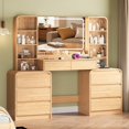 thumbnail image 1 of FANRAL Curved Wood Vanity with LED Frame Mirror,Built-in Power Outlet & 8 Drawers,Open Shelves Dressing Table with Large Storage for Bedroom,Natural Oak Vanity, 1 of 9