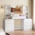 thumbnail image 1 of FANRAL Curved Wood Vanity with LED Frame Mirror,Built-in Power Outlet & 8 Drawers,Open Shelves Dressing Table with Large Storage for Bedroom,White Vanity, 1 of 9