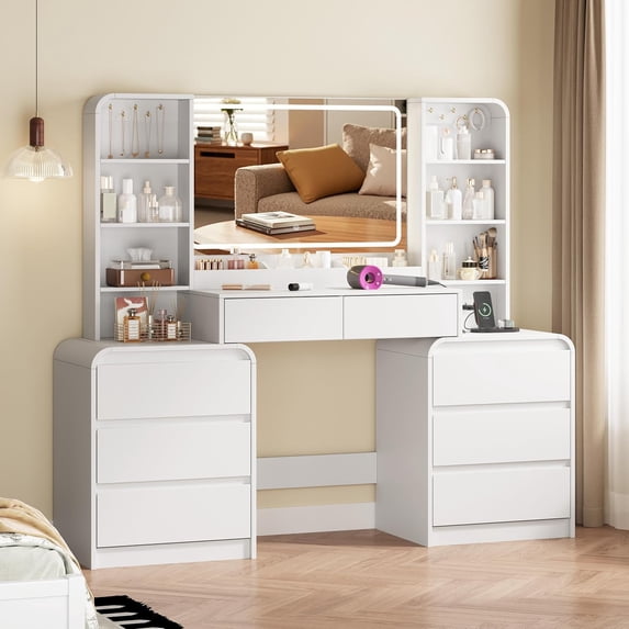 FANRAL Curved Wood Vanity with LED Frame Mirror,Built-in Power Outlet & 8 Drawers,Open Shelves Dressing Table with Large Storage for Bedroom,White Vanity