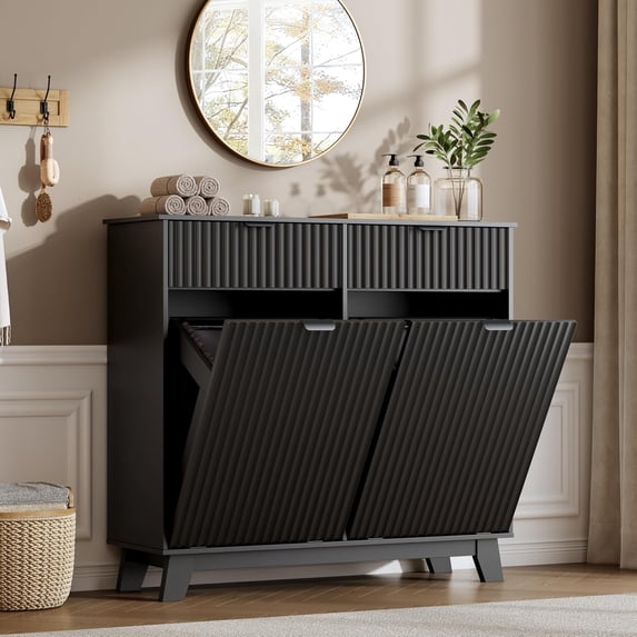 FANRAL Double Tilt Out Laundry Hamper Cabinet,10 Gallon Wooden Hidden Storage Cabinet,Fluted Trash Can for Bathroom Kitchen Living Room,Black Laundry Basket Cabinet