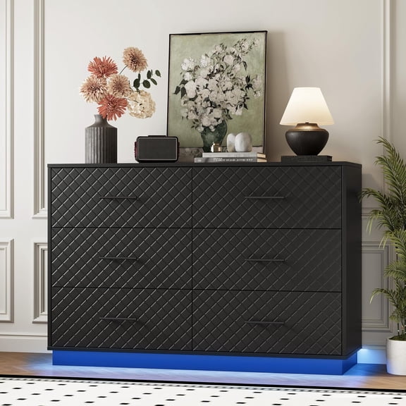 FANRAL Dresser for Bedroom,6 Drawer Wide Modern Quilted Chest of Drawers with LED Lights,Black Dresser