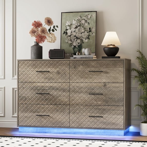 FANRAL Dresser for Bedroom,6 Drawer Wide Modern Quilted Chest of Drawers with LED Lights,Gray Dresser