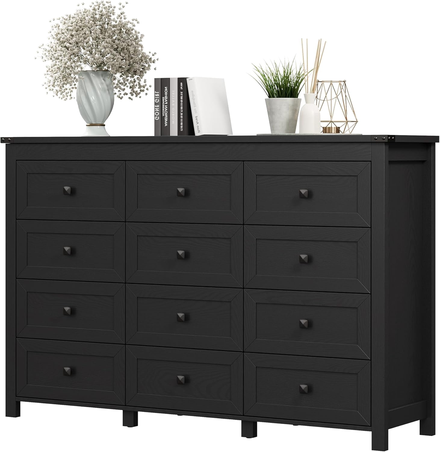 FANRAL Dresser for Bedroom with 12 Drawers,Wood Metal Handle Closet Storage Cabinet,Wide TV Stand Chests of Drawers,Black Dresser