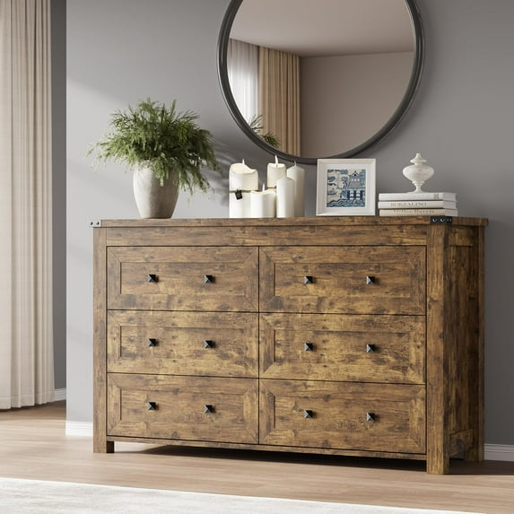 FANRAL Dresser for Bedroom with 6 Drawers,Wood Metal Handle Closet Storage Cabinet,Wide TV Stand Chests of Drawers,Brown Dresser