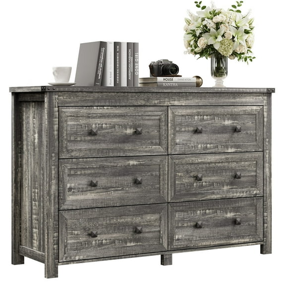FANRAL Dresser for Bedroom with 6 Drawers,Wood Metal Handle Closet Storage Cabinet,Wide TV Stand Chests of Drawers,Gray Dresser
