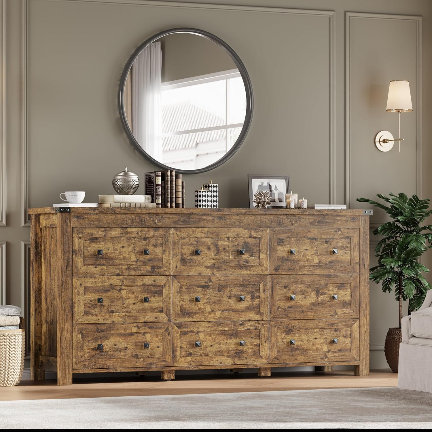 FANRAL Dresser for Bedroom with 9 Drawers,Wood Metal Handle Closet Storage Cabinet,Wide TV Stand Chests of Drawers,Brown Dresser
